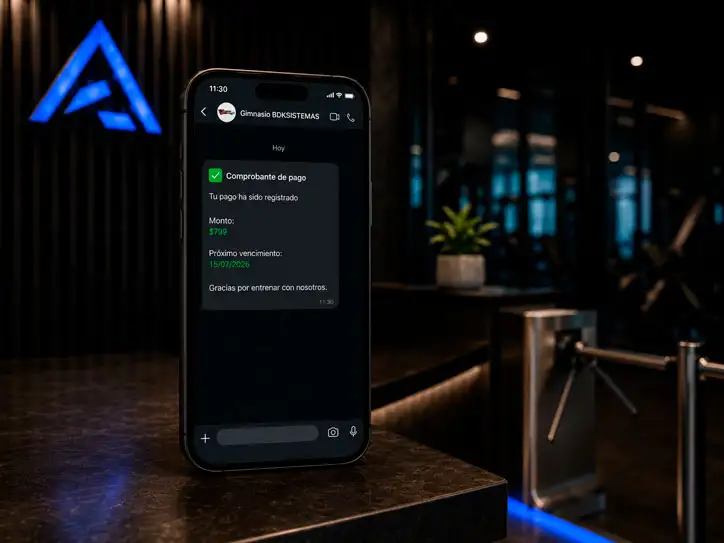 WhatsApp integrado en BDKGYM — envía comprobantes y recordatorios de pago a tus socios